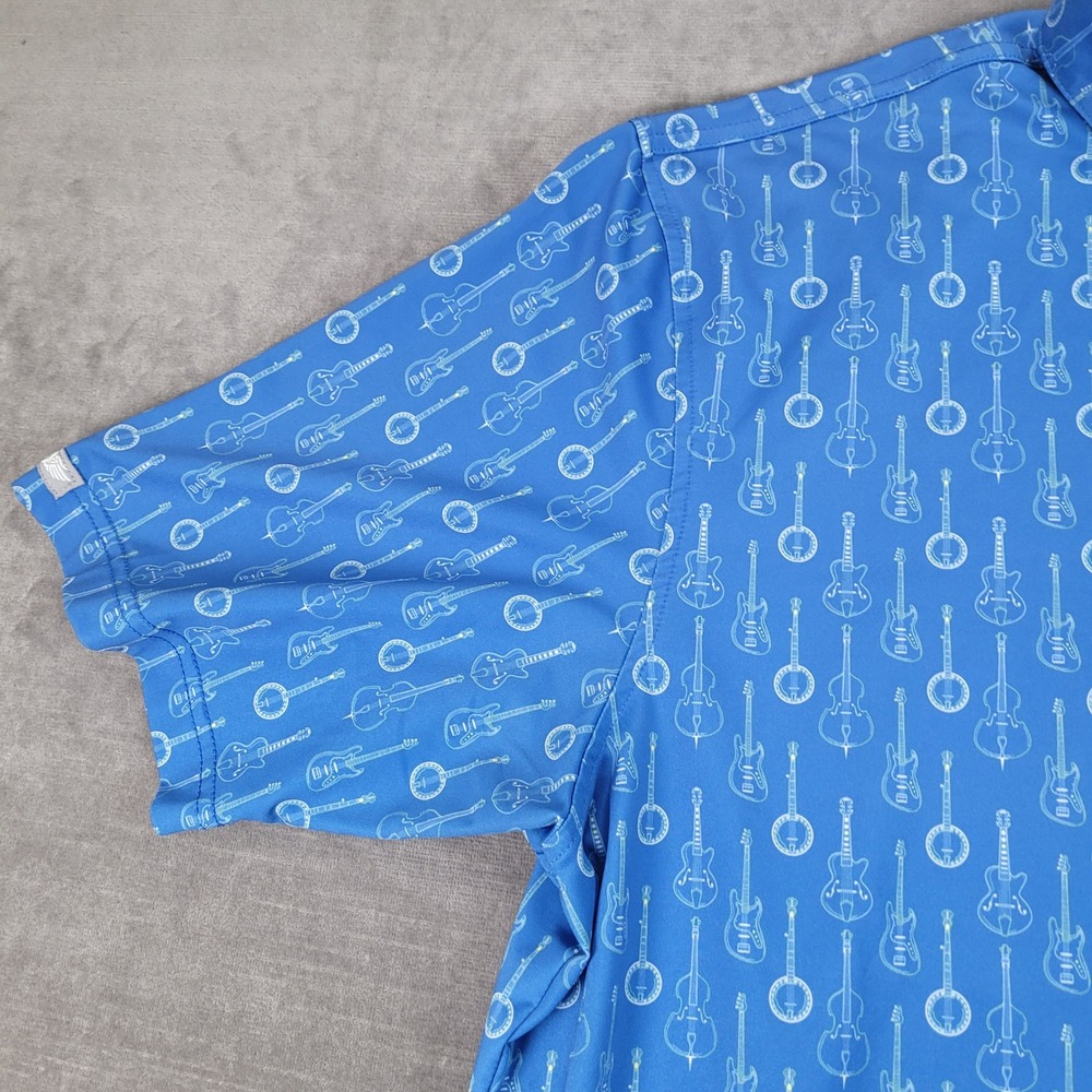 Straight Down Performance Polo Shirt Mens L Blue Guitar Banjo Print Golf Logo - Picture 7 of 9